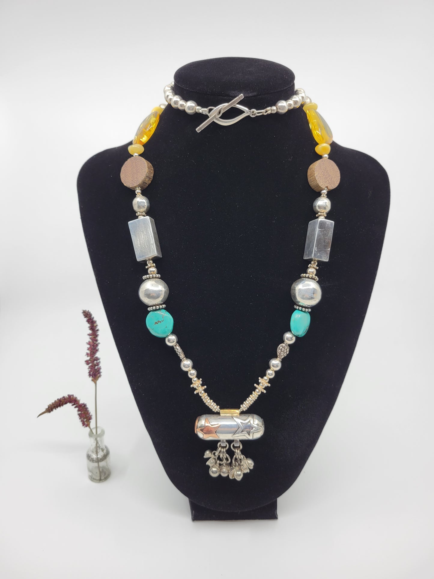 Sterling Silver Statement Piece Necklace with Baltic Amber, Turquoise