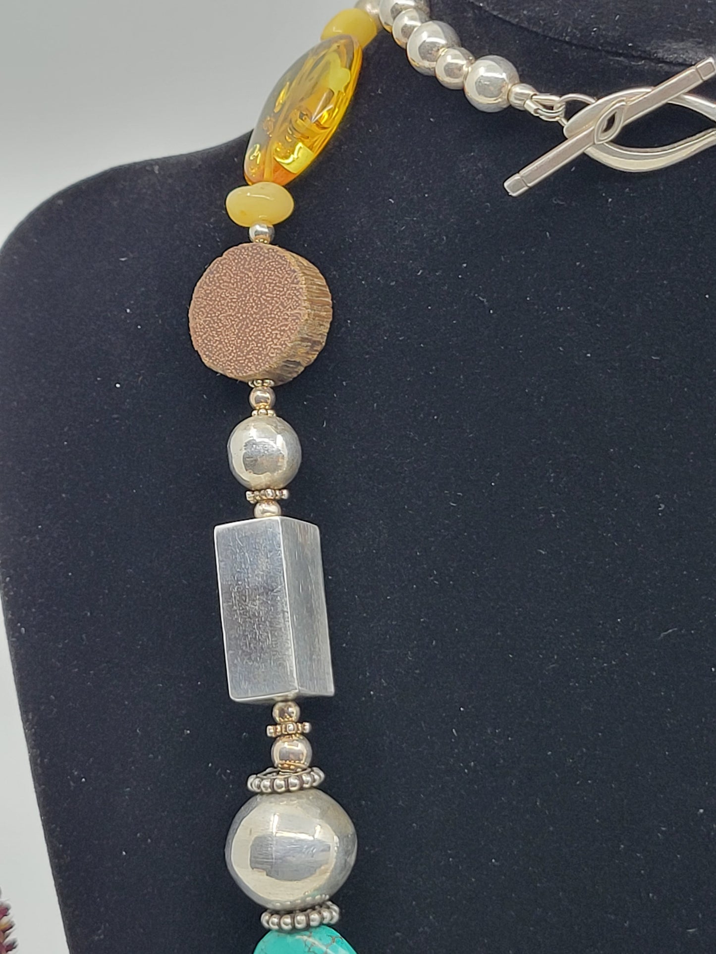 Sterling Silver Statement Piece Necklace with Baltic Amber, Turquoise