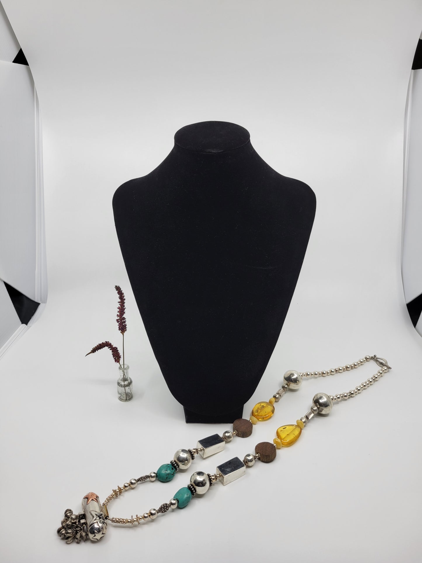 Sterling Silver Statement Piece Necklace with Baltic Amber, Turquoise