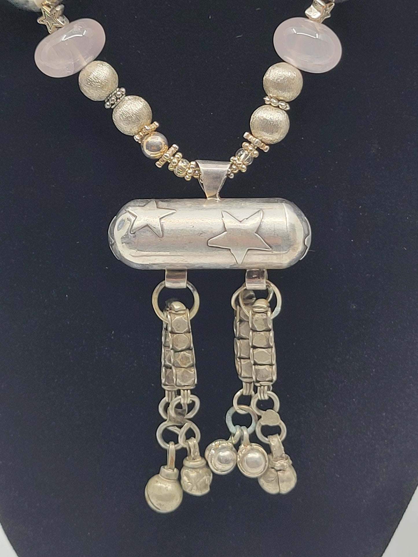 Rose Quartz with Antiqu Tuareg Bells & Sterling Silver Hollow beads