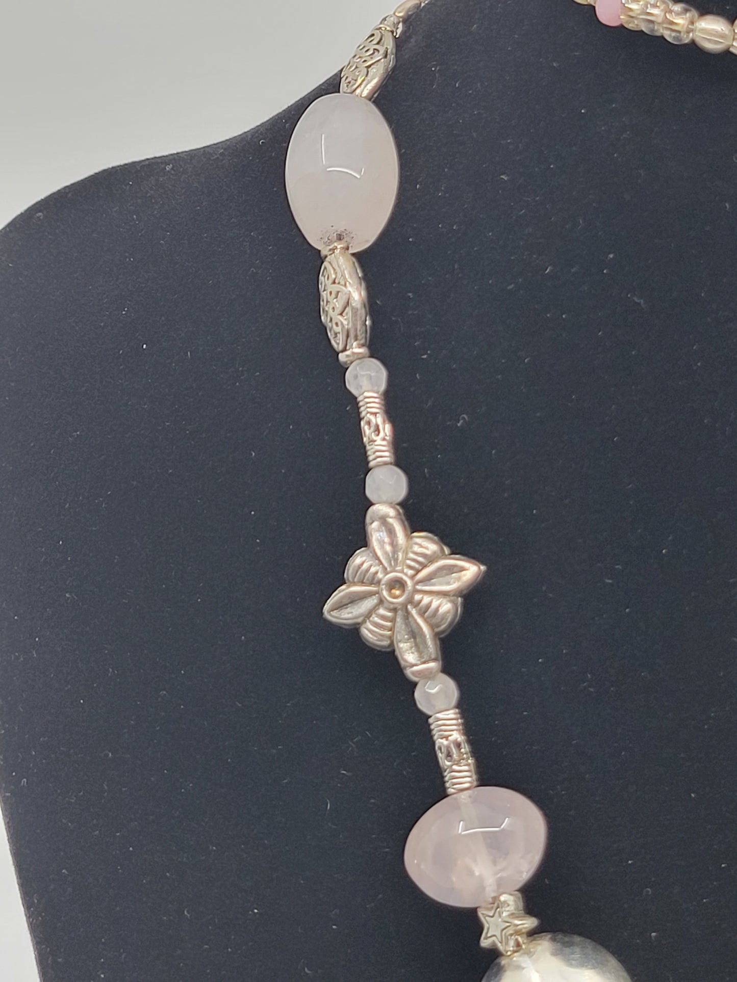 Rose Quartz with Antiqu Tuareg Bells & Sterling Silver Hollow beads