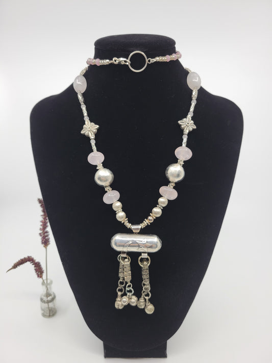 Rose Quartz with Antiqu Tuareg Bells & Sterling Silver Hollow beads