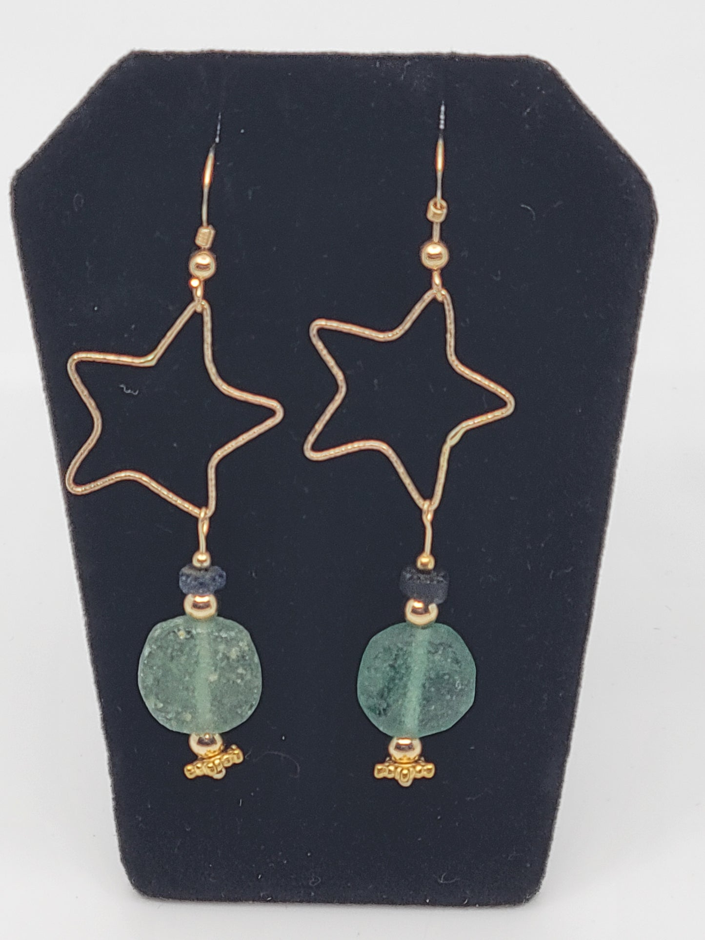 14k Gold Filled Star Earring with Antique Teal Roman Glass Coin Bead