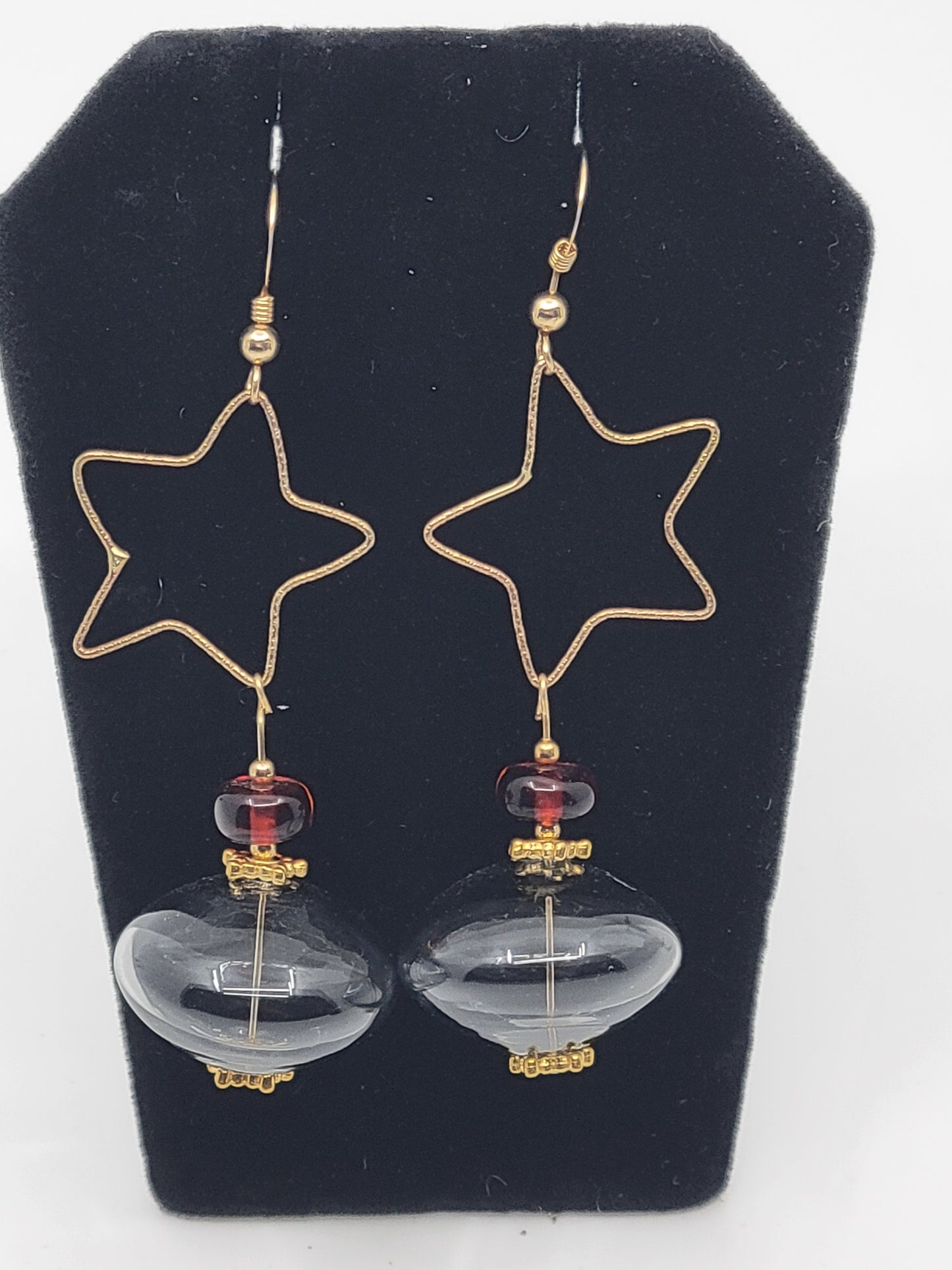 14k Gold Filled Star Earring with a UFO Shaped Hollow Glass Globe & Dark Baltic Amber