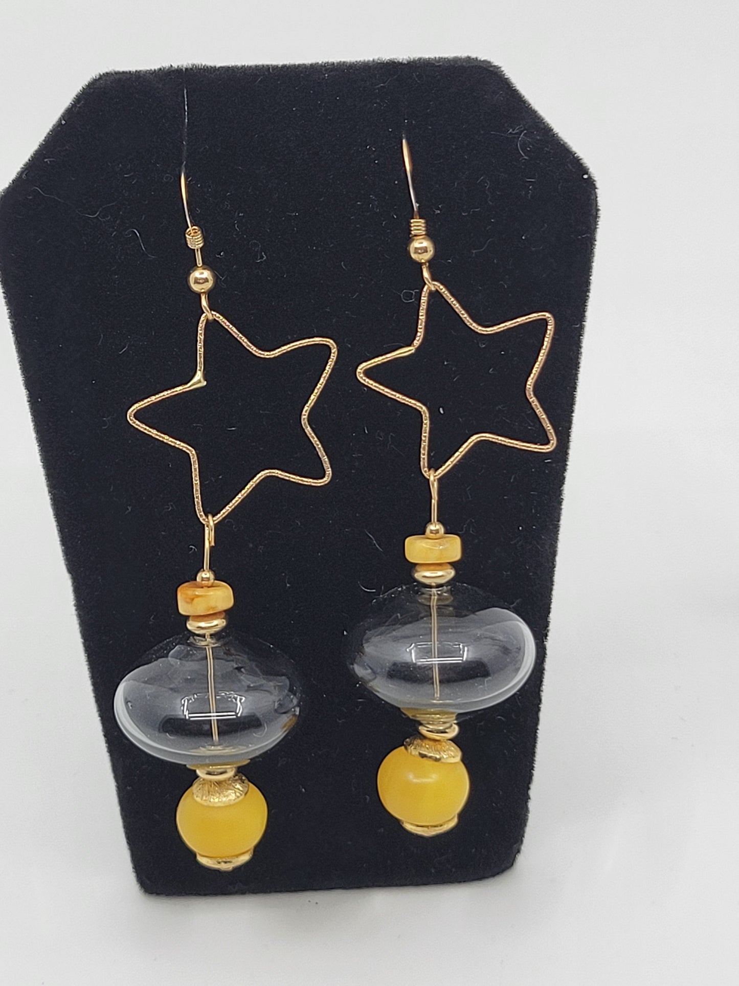 14k Gold Filled Star Earring with a UFO Shaped Hollow Glass Globe & Baltic Amber