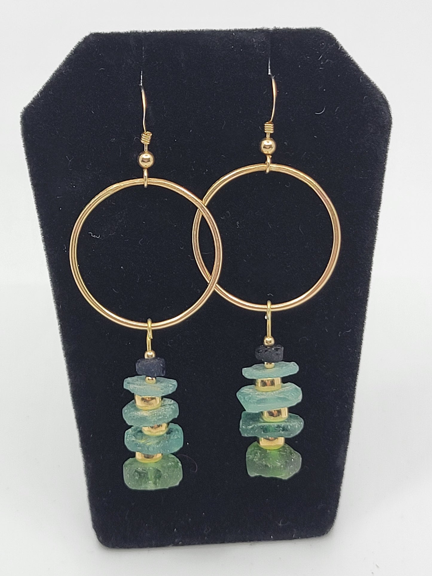 14k Gold Filled Loop Earrings with Bright Teal Antique Roman Glass Beads