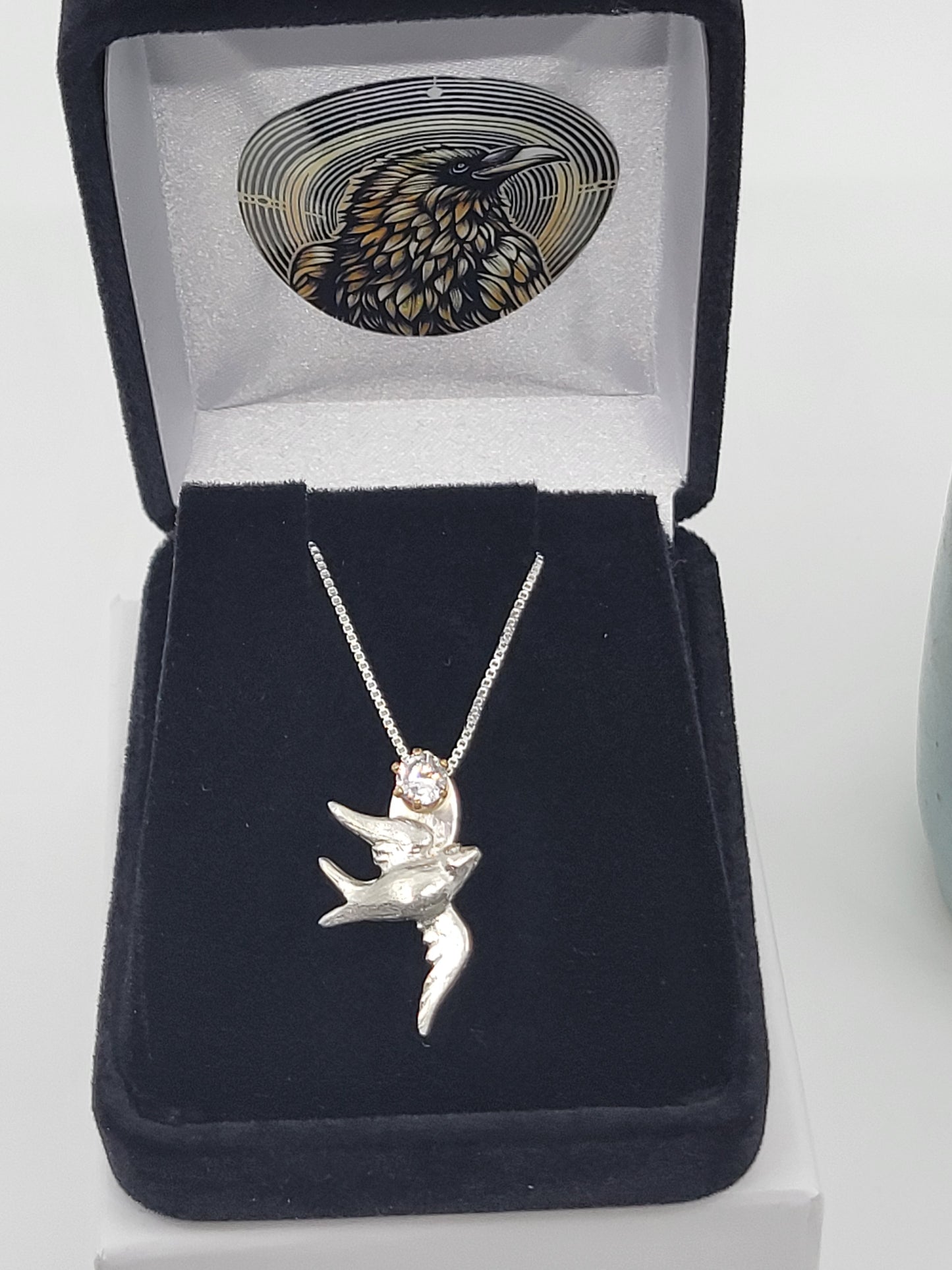 Sterling Silver Song Bird & Chain with 14k Setting & a Sparkly CZ