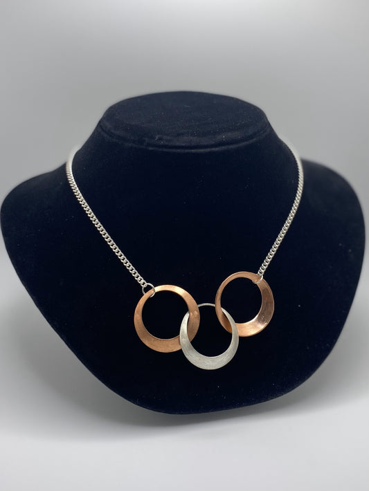 Three Circles handmade Necklace Copper and Sterling Silver with Sterling Chain