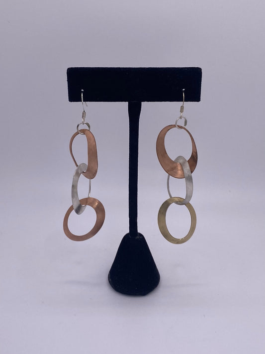 Three Loop Handmade Oval Earrings in Sterling Silver, Copper and Brass