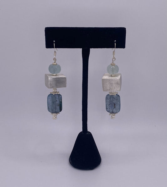 Sterling Silver Earrings with Handmade Sterling square hollow form beads along with Kyanite and Aquamarine