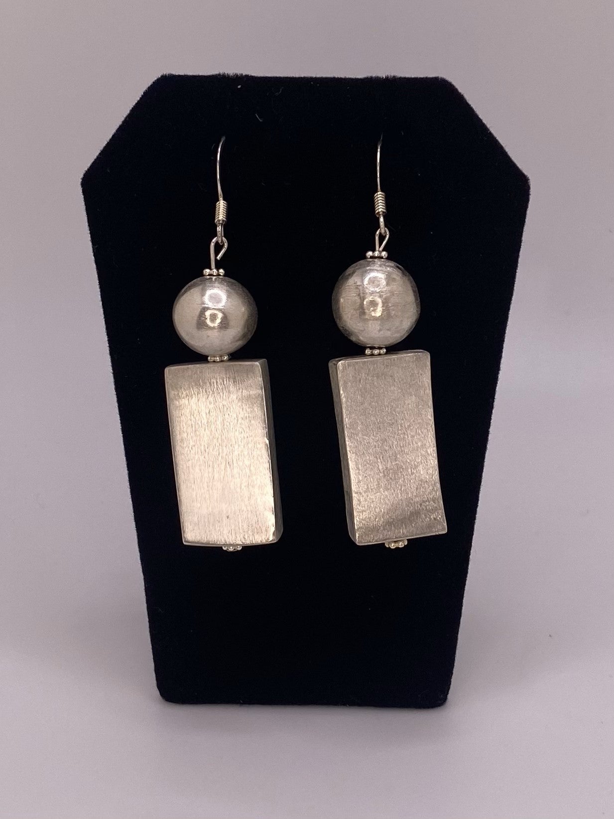 Sterling Silver handmade Earrings with Rectangular & Round Hollow Beads