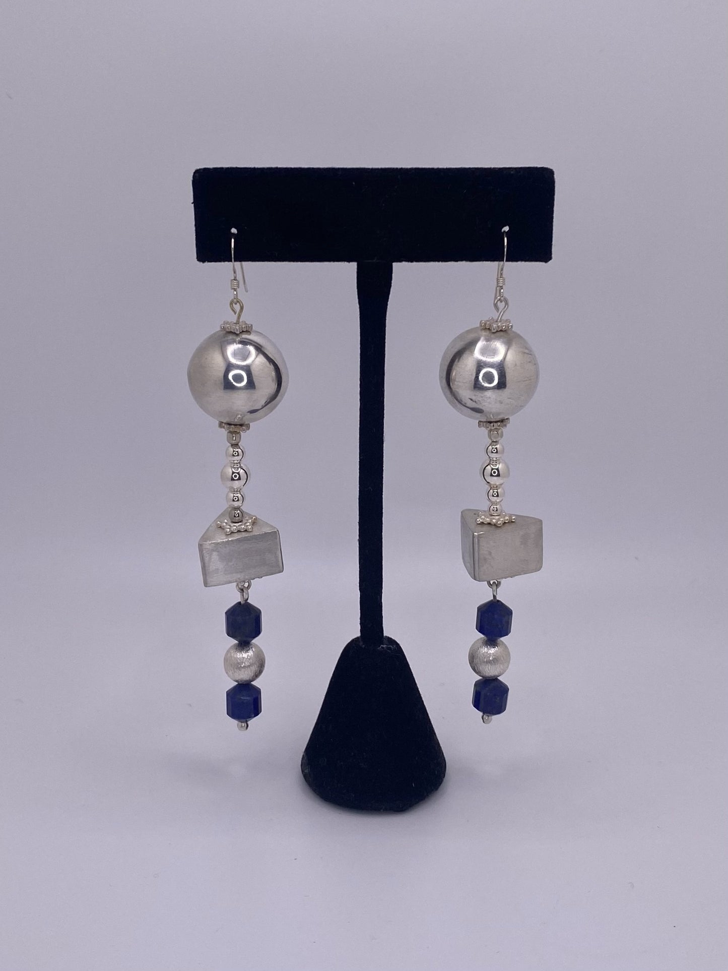 Triangle & Round Handmade Hollow Beads Earring with Lapis Lazuli