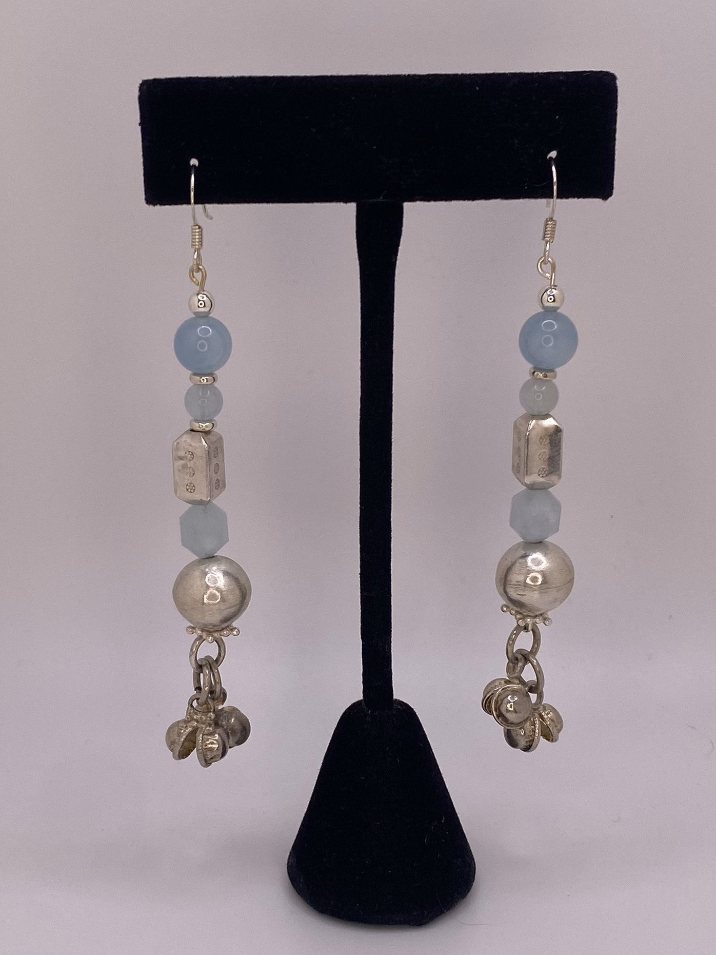 Sterling Silver Earrings with Handmade Hollow Beads Aquamarine Bells