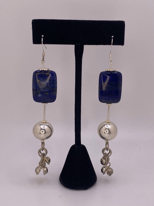 Sterling Silver Handmade Earrings Round Beads Lapis Lazuli and Bells