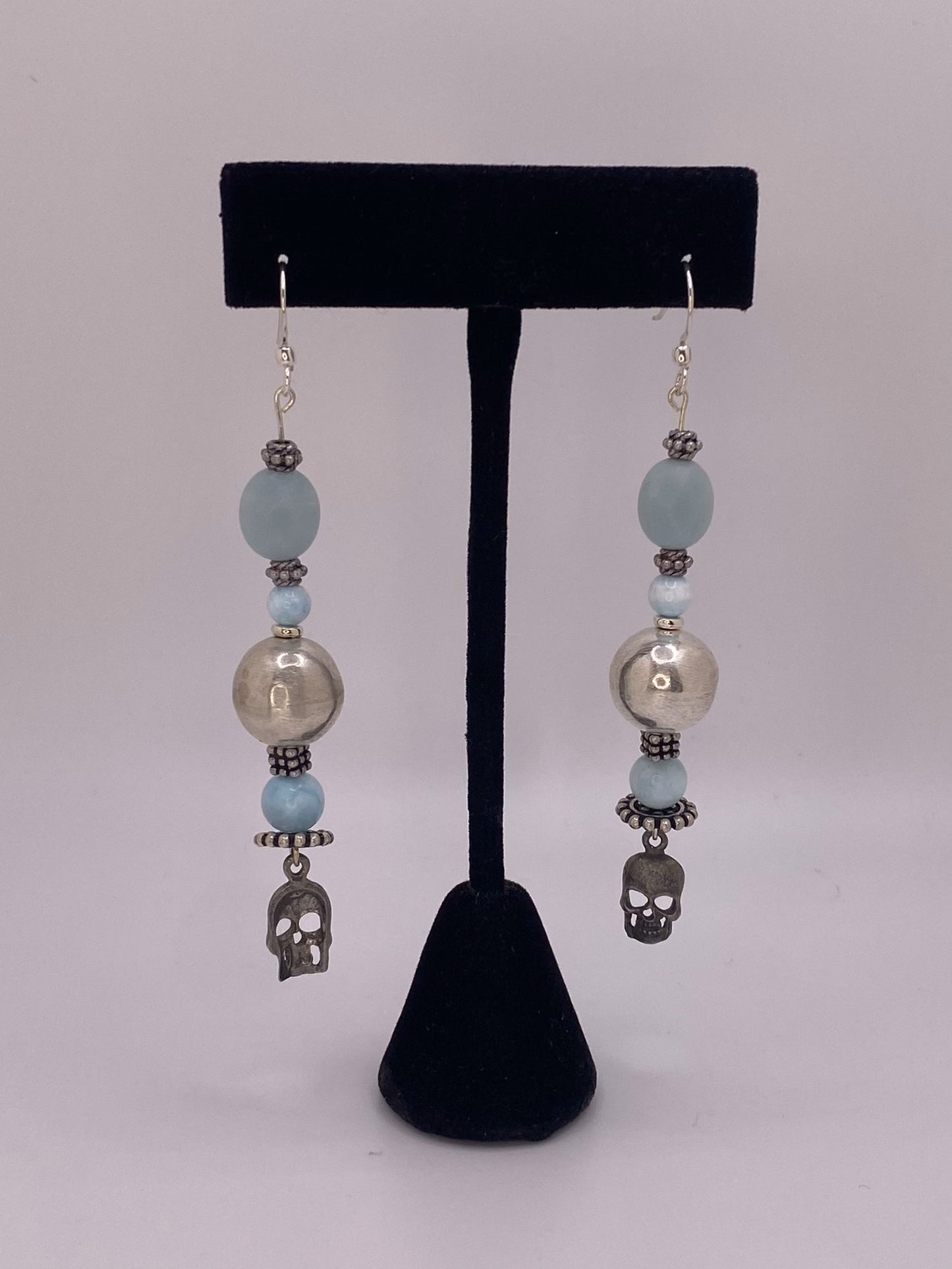 Sterling Silver Earrings with Handmade Round Hollow Silver Bead Aquamarine Larimar and Skull Pendants