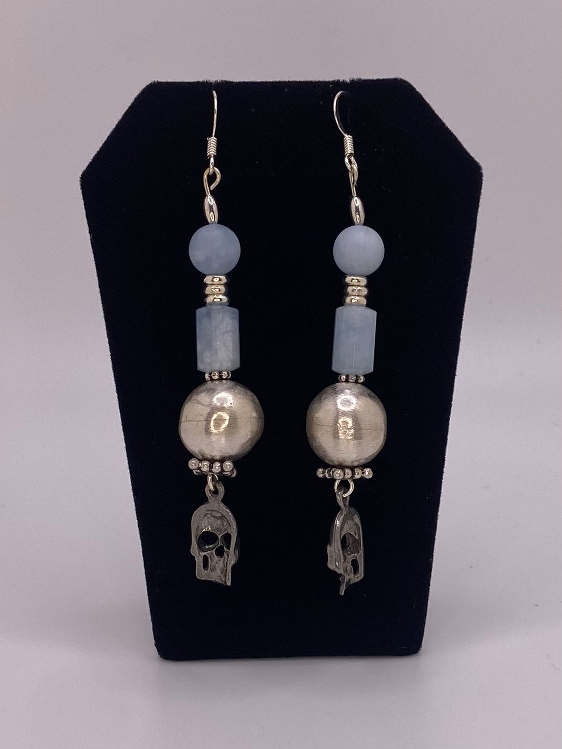 Sterling Silver Earrings with Handmade Round Silver Hollow Beads Aquamarine and Skulls