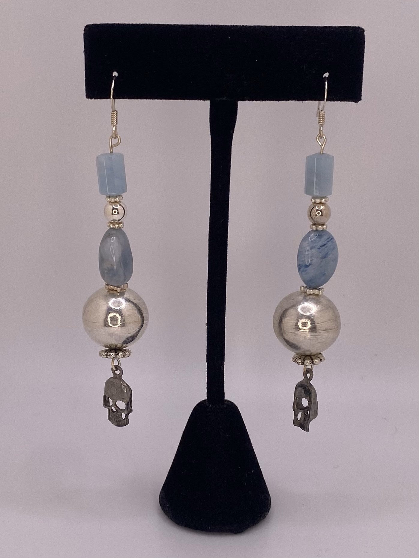 Sterling Silver Earrings with Handmade Round Silver Hollow Beads Larimar and Skulls