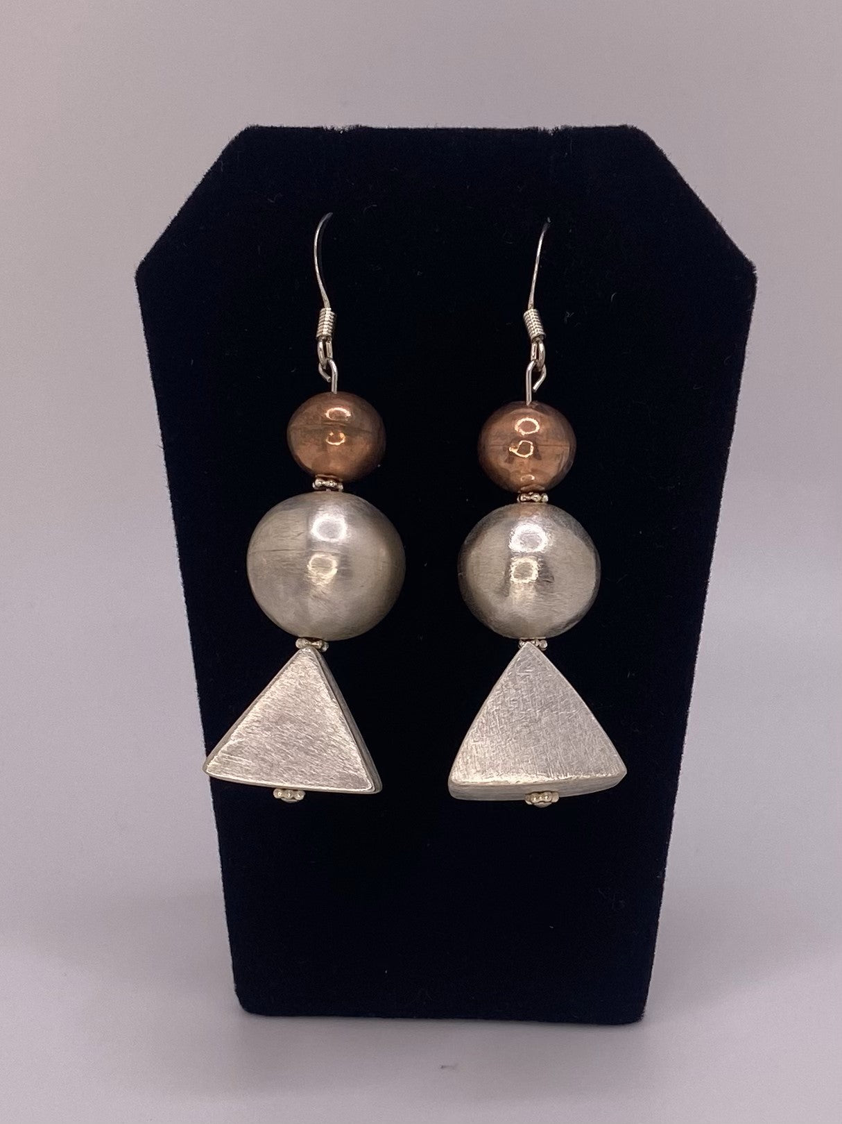 Sterling Silver Earrings with Handmade Triangular & Round Silver Hollow Form Beads & Round Copper Bead