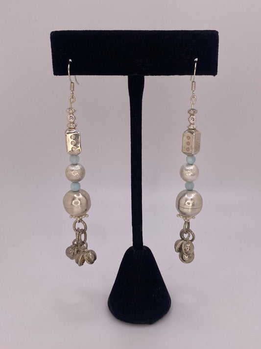 Sterling Silver Earrings with Handmade Silver Hollow Beads Larimar and Bells