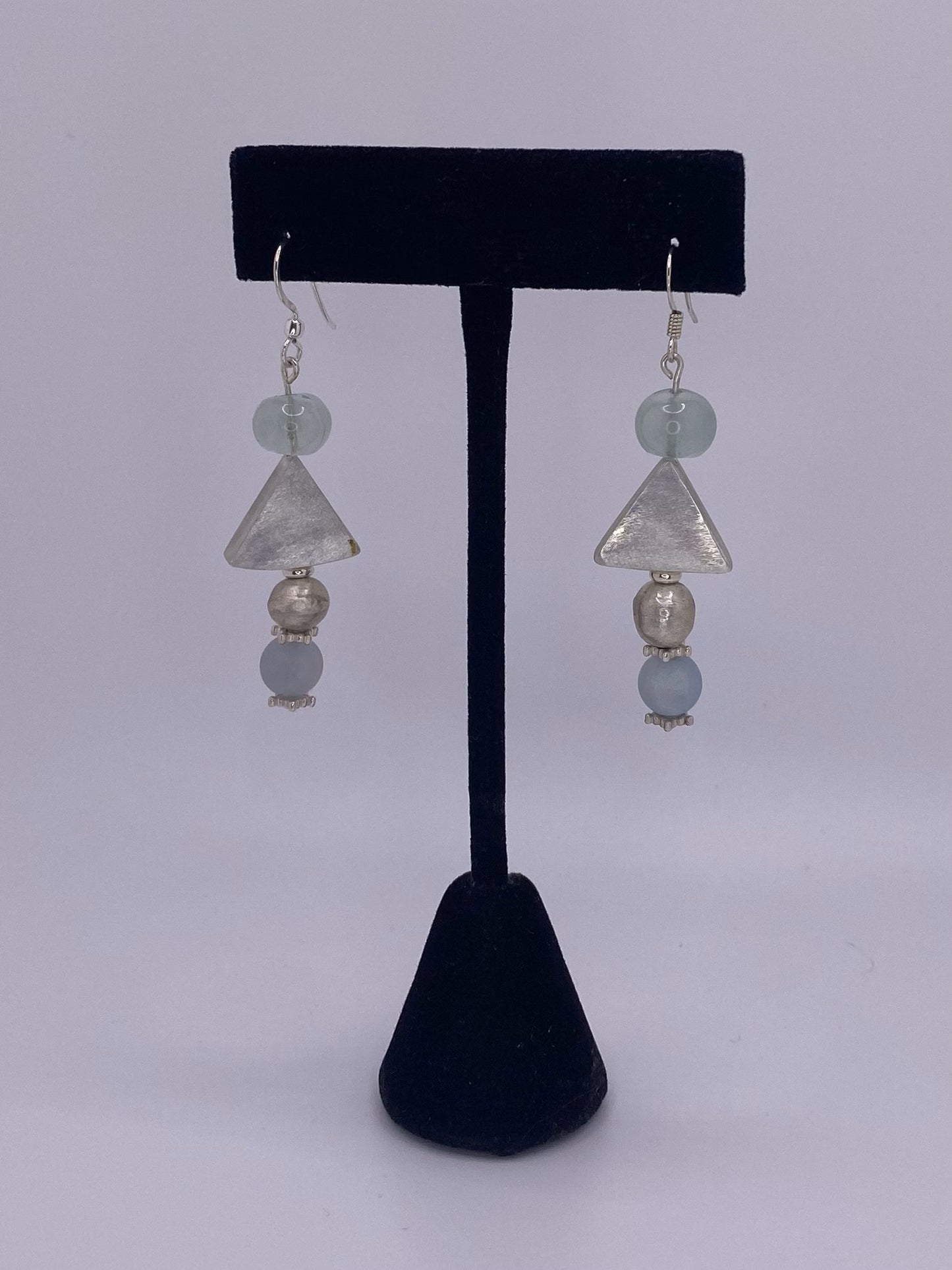 Sterling Silver Earrings with Handmade Thin Triangular and Round hollow form beads Aquamarine