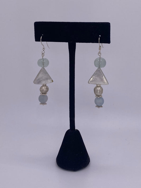 Sterling Silver Earrings with handmade Triangle & Round Hollow Forms and Aquamarine Beads