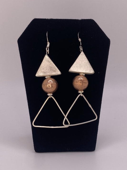 Sterling Silver Earrings with Handmade Triangular & Round Copper Hollow Form Beads & Wire Triangle