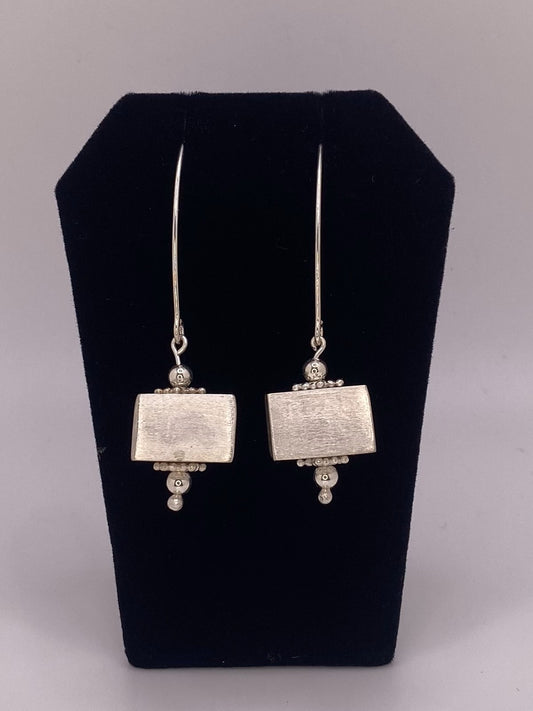 Sterling Silver Handmade Drop Earring with Square Silver Hollow Bead
