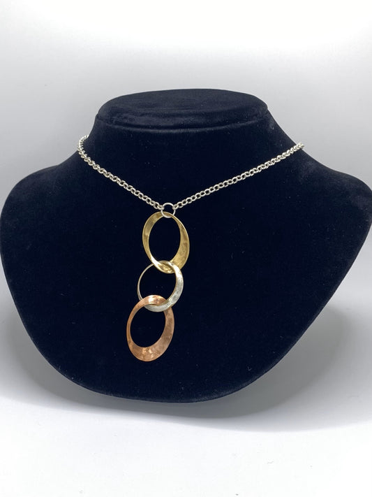 Three Loop handmade Necklace of Ovals and Circles in Brass Copper and Sterling Silver with Sterling Chain