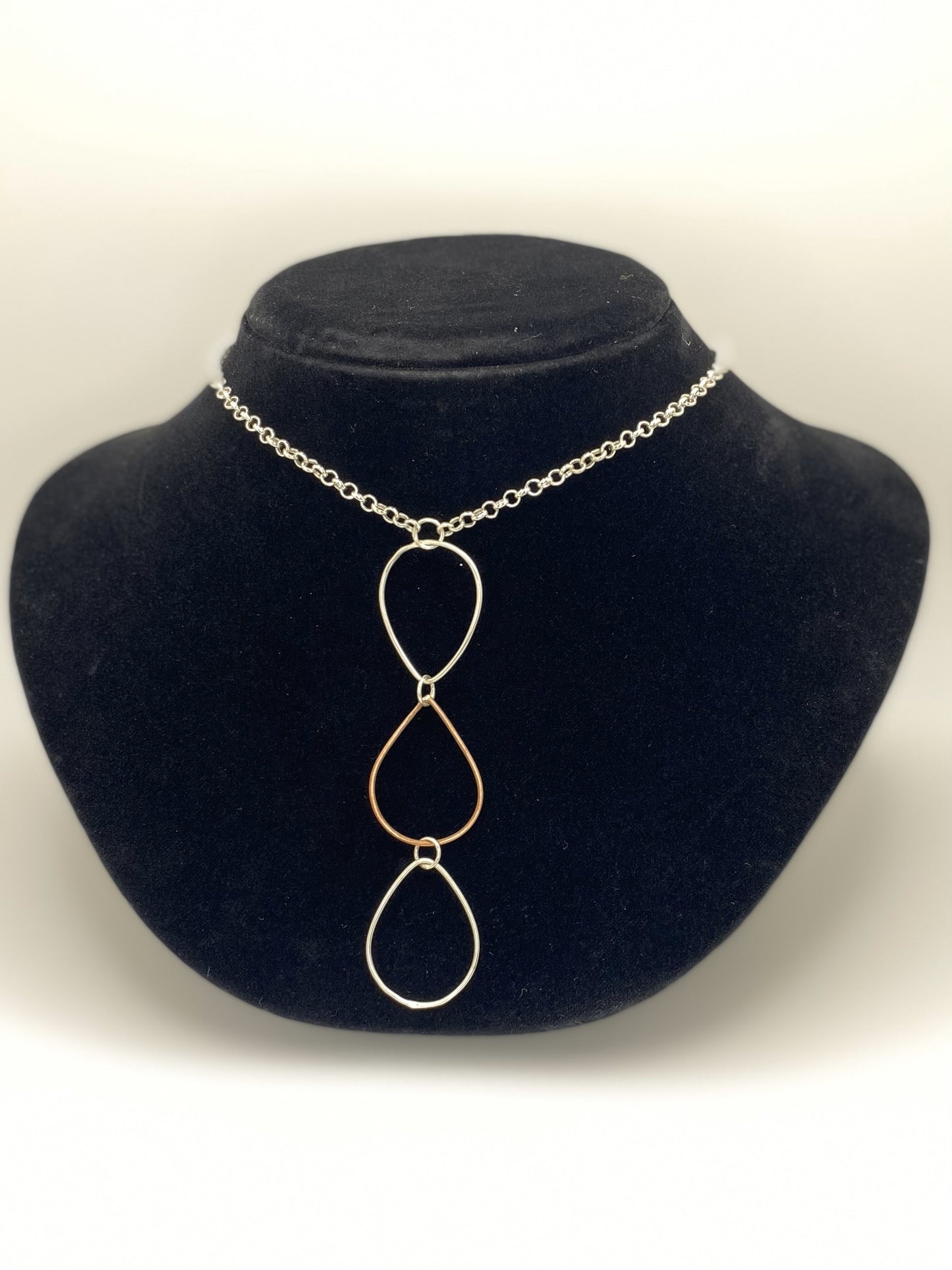 Three Teardrop Handmade Necklace in Sterling Silver and Copper