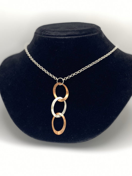 Three Ovals handmade Necklace in Sterling silver and Copper with Sterling Silver Chain