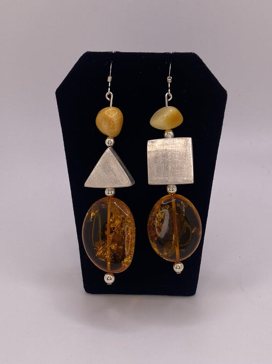 Sterling Silver Handmade Triangle & Square Hollow Beads with Baltic Amber Beads