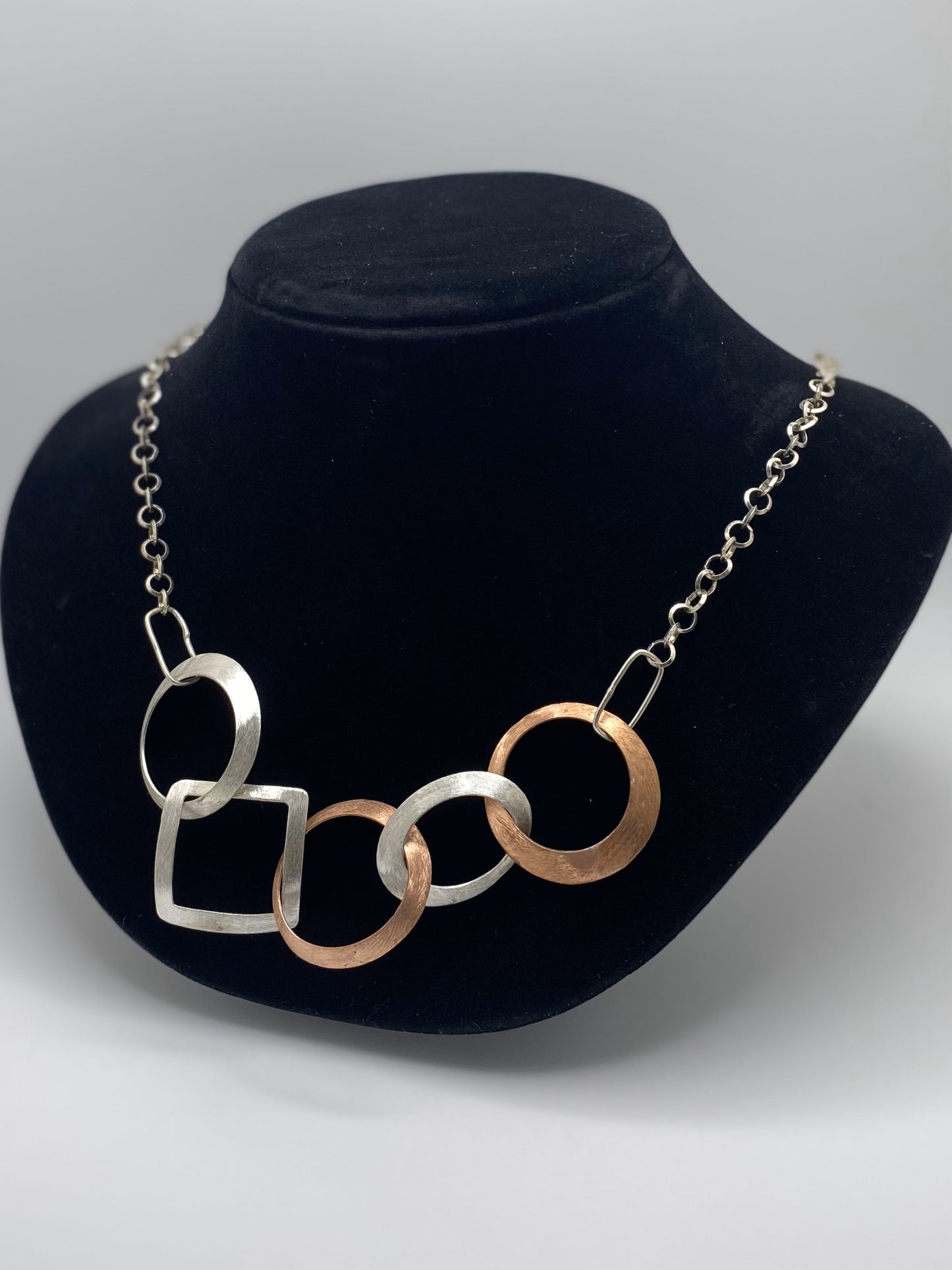 Five Circles Handmade Necklace with Sterling Silver and Copper Square & Oval Shapes